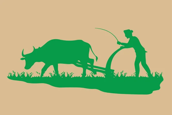 Силуетний Ескіз Підготовленої Землі Фермера Сільського Господарства Биками Тлом Природи — стокове фото