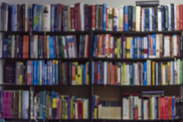 Blurred View Large Bookshelf Different Books — Stockfoto