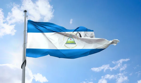 Bandera Nicaragua Bandera Realista Ondeando Tela — Foto de Stock