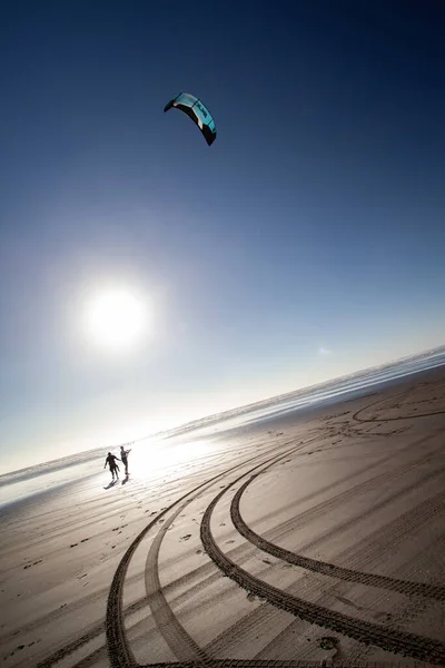 Vertical Shot Two People Playing Kite Bea — Stockfoto