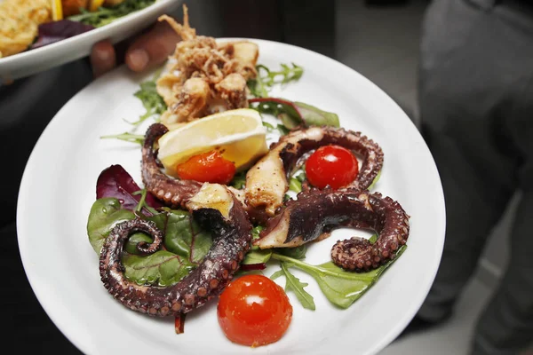 Een Close Shot Van Een Smakelijke Gekookte Octopus Calamari Een — Stockfoto