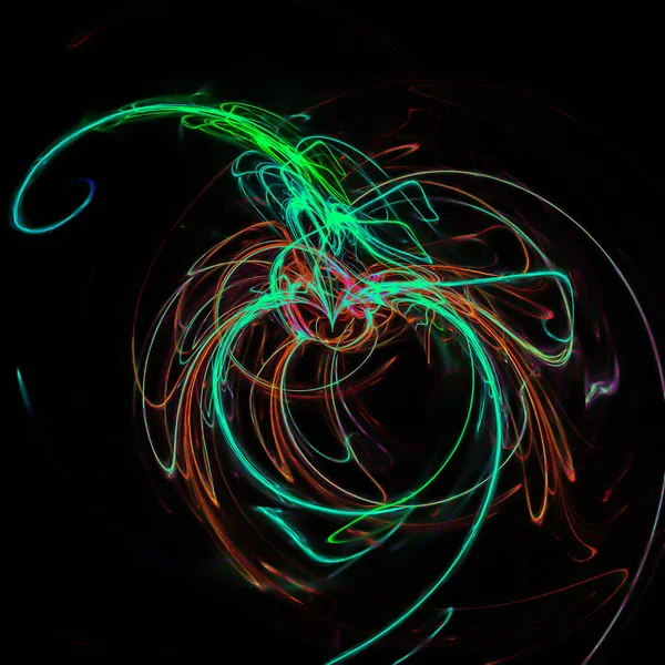 明亮的霓虹灯绿色涡旋的一个例子 长期暴露在黑色背景上 — 图库照片