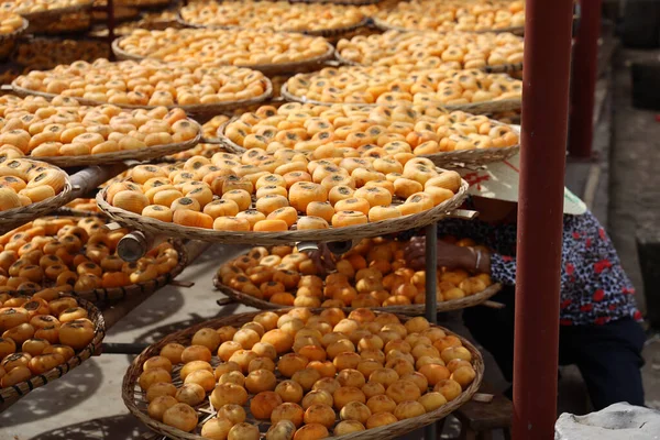 Many Rows Freshly Picked Persimmons Baskets — Fotografia de Stock