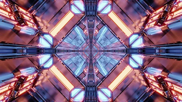 カラフルなネオンのポータルに向かって未来的な万華鏡の廊下の3Dレンダリング — ストック写真