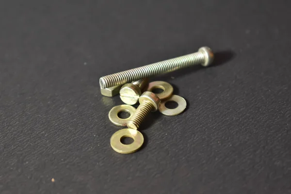 Selective Focus Picture Screws Washers Black Background Fasteners Used All — Fotografia de Stock