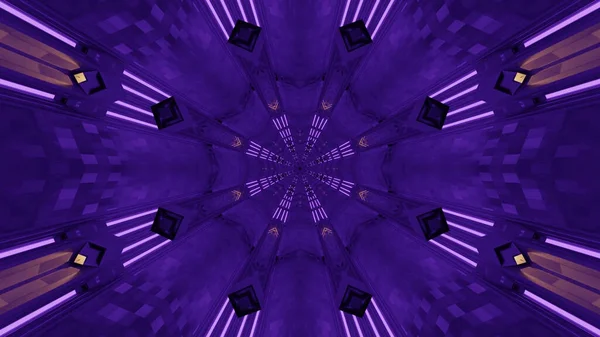 一个面向未来的万花筒走廊的3D渲染朝向一个带有紫色霓虹灯的门户 — 图库照片