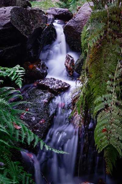 Uma Cachoeira Que Flui Sobre Rochas Durante Outono — Fotografia de Stock