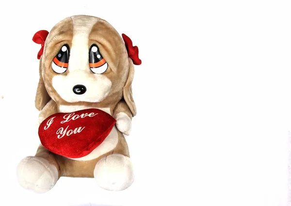 Копія Іграшки Собак Тримає Серце Люблю Тебе Текст Ізольовано Білому — стокове фото