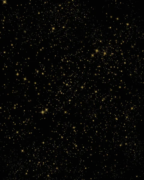 Golden splatter, small stars on black background. Gold spatter, glitter, spots, dots, splashing in different sizes. Backdrop for overlay or montage.