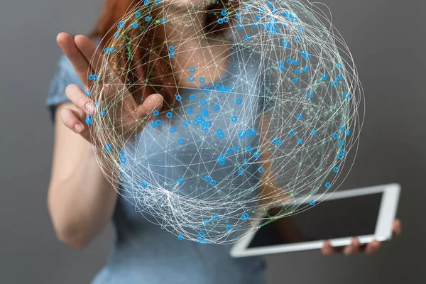 Woman Tapping Rendered Network Sphere While Holding Tablet — Stock Photo, Image