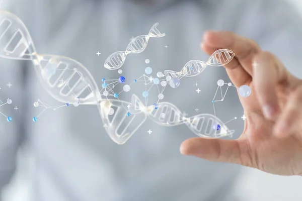 Dna鎖ホログラムの3Dレンダリングをタップする遺伝子エンジニア — ストック写真