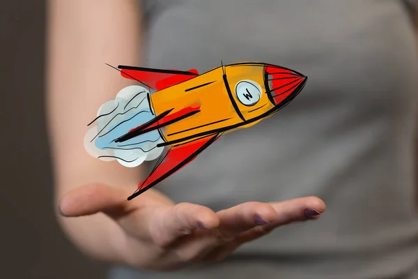 Bir Kadının Elinde Süzülen Boyutlu Bir Uzay Roketi Simgesi — Stok fotoğraf