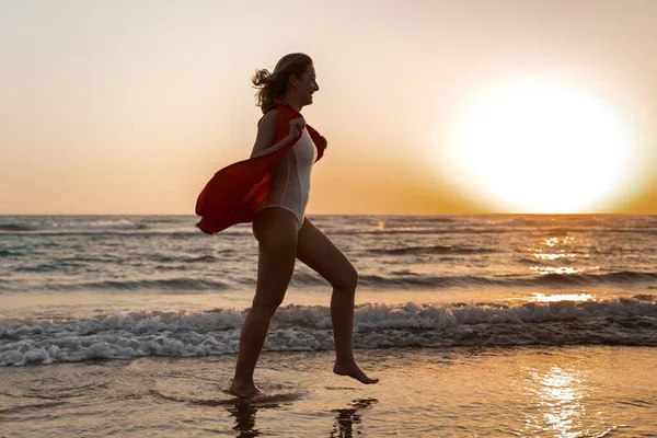 Sexy Caucasian Woman White Swimsuit Shirt Posing Beach Sunset — Stock Photo, Image