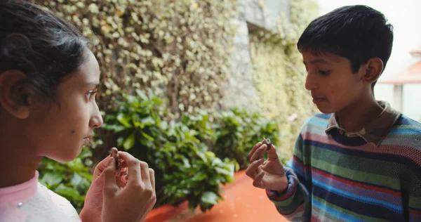 Closeup Young Boy Girl Eating Cookies Garden — Stock Photo, Image