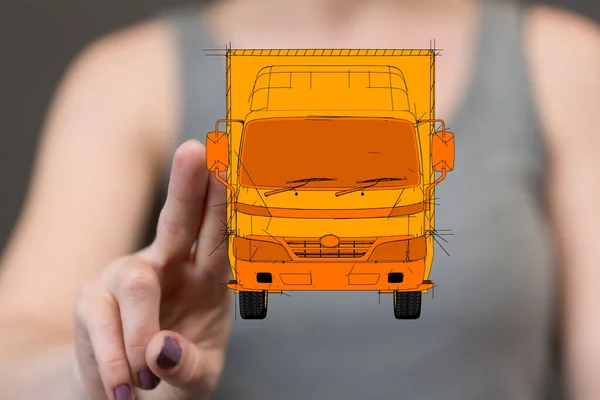 Rendu Une Femme Pointant Vers Une Icône Camion Livraison Concept — Photo