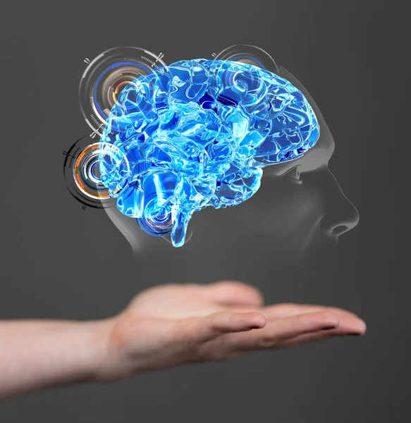 A 3D rendering blue human brain icon floating on man\'s hand - Artificial intelligence concept