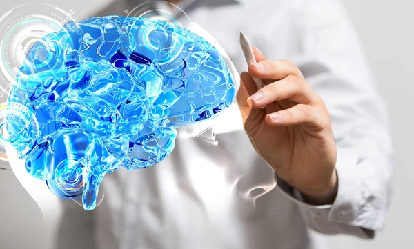 Uma Renderização Homem Apontando Para Ícone Cérebro Humano Azul Conceito — Fotografia de Stock