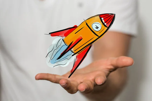 Rendering Space Rocket Icon Floating Man Hand — Stock Photo, Image