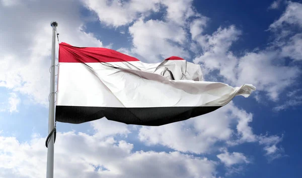 Una Bandera Yemen Bandera Realista Ondeando Tela — Foto de Stock