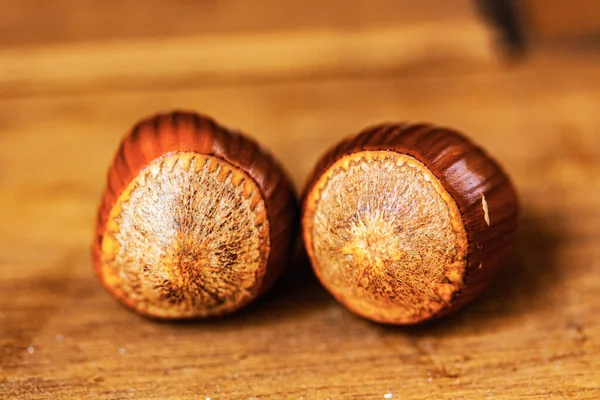Two Chestnuts Wooden Table — Fotografia de Stock