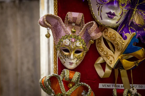 Closeup Venetian Colorful Traditional Carnaval Masks Hanging Red Wall — Fotografia de Stock