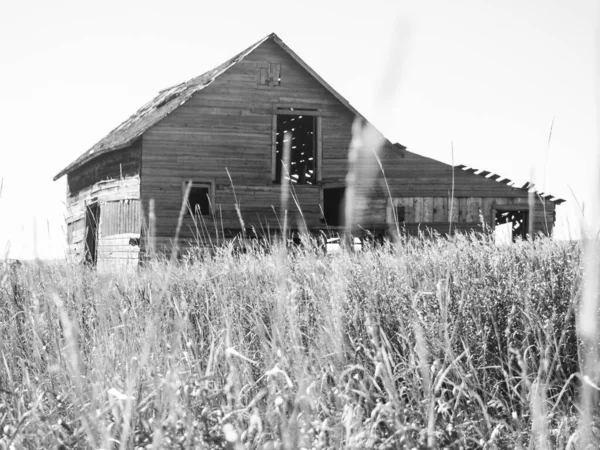 Airdrie Canada Nov 2021 Grayscale Shot Wooden Cabin Rural Field — Stock Photo, Image