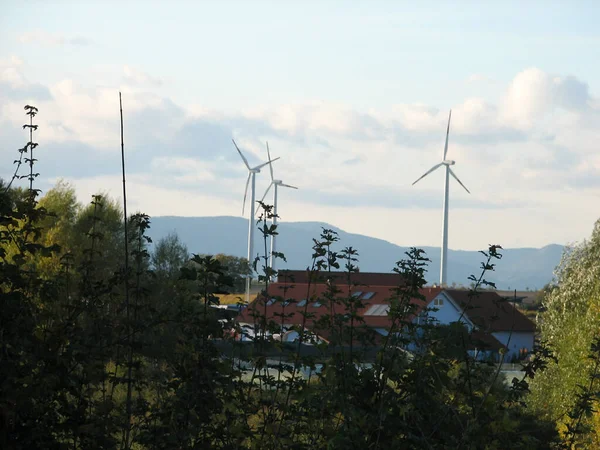 Ένα Χωράφι Ανεμόμυλους Κοντά Σπίτια Και Φόντο Βουνά Ενάντια Συννεφιασμένο — Φωτογραφία Αρχείου