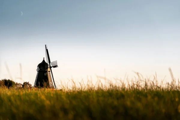 Ландшафт Ветряной Мельницы Зеленой Траве Закате — стоковое фото