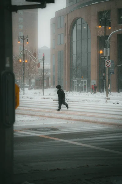 Tiro Vertical Algumas Pessoas Andando Uma Rua Dia Frio Nebuloso — Fotografia de Stock