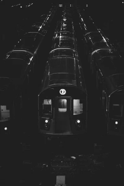 Vertical Shot Silver Trains Dark Station — 图库照片