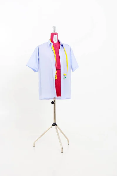 Vertical Tailor Mannequin Blue Shirt White Background — Stock Photo, Image