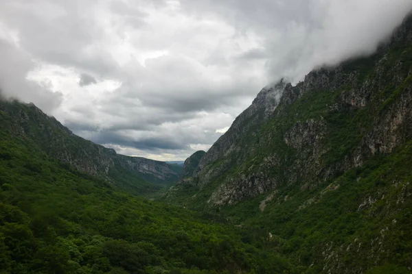 Гарний Знімок Лісистих Гір Під Сірим Небом Великими Масивними Хмарами — стокове фото