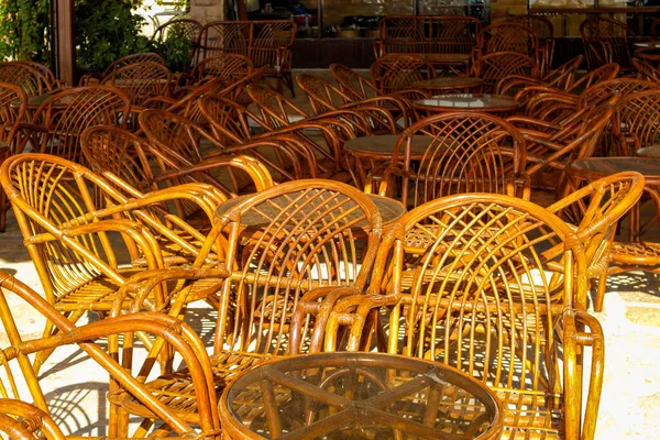 Empty Wooden Chairs Tables Stockbild