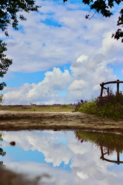 Small Water Puddle Reflecting Mesmerizing Cloudscape Countryside Field — Stockfoto