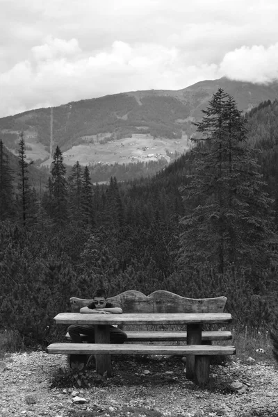 Talyan Dağındaki Bir Parktaki Ahşap Bir Masada Kafasını Dinlendiren Bir — Stok fotoğraf