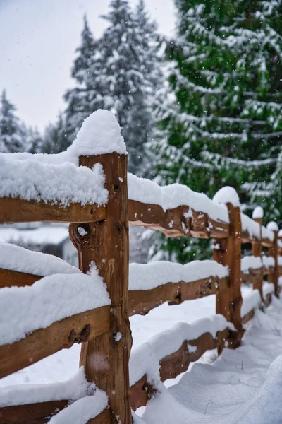 Вертикальный Снимок Деревянного Забора Сельской Местности Снежный День — стоковое фото