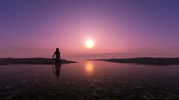 Uma Silhueta Uma Fêmea Praia Sob Céu Púrpura Por Sol — Fotografia de Stock
