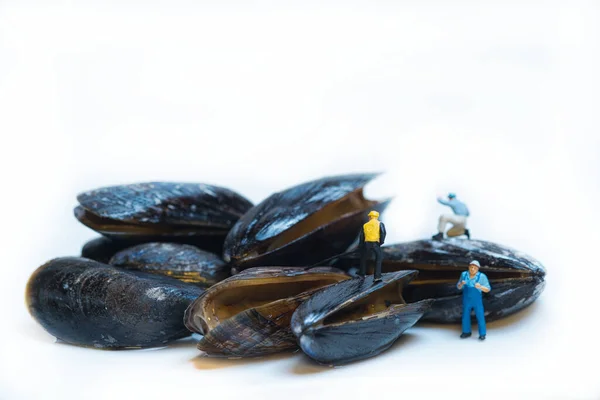 Miniaturarbeiter Öffnet Eine Muschel Weißer Hintergrund Kopierraum — Stockfoto