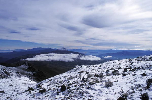 Aerial View Illinizas Volcanic Mountains Covered Snow Cloudy Sky — Stock Photo, Image