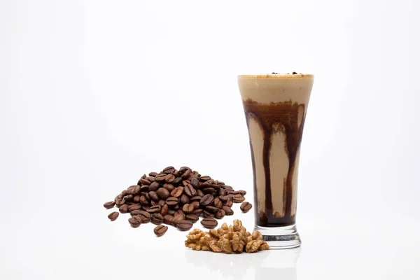 Closeup Coffee Milkshake Walnut Shot White Background — Fotografia de Stock