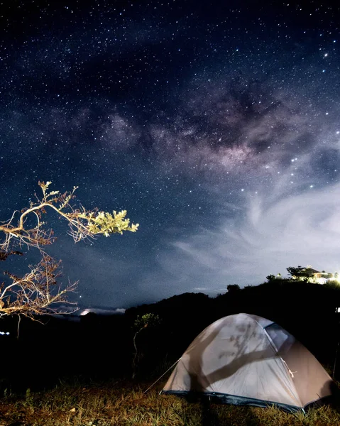 Camping Tent Milky Way Galaxy Night — Fotografia de Stock