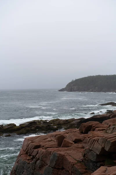 Vertical Shot Sea Surrounded Rocky Beach Covered Fog Acadia National — Foto Stock