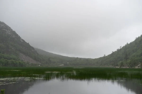 Uma Paisagem Lago Cercado Por Colinas Vegetação Coberta Pelo Nevoeiro — Fotografia de Stock