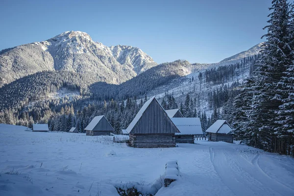 Kylande Utsikt Över Snötäckta Hus Mot Fjällandskapet Vintern — Stockfoto