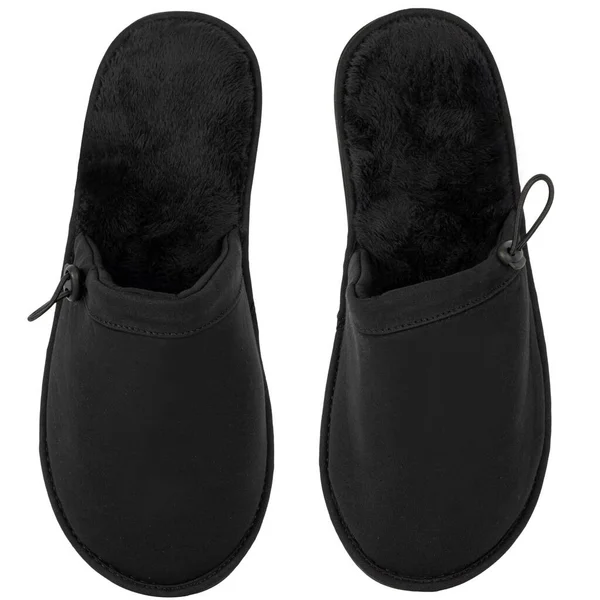 Pair Blank Soft Black Home Slippers Design Mockup Isolate White — Stockfoto