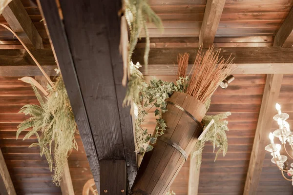 Rusztikus Stílusú Dekoráció Száraz Gallyakkal Növényekkel Fából Készült Elemekkel — Stock Fotó