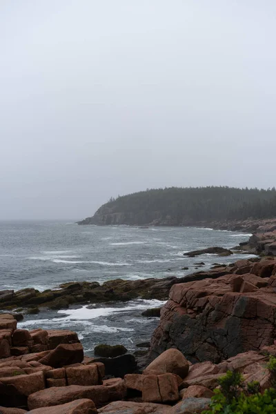 Vertical Shot Sea Surrounded Rocky Beach Covered Fog Acadia National — Fotografia de Stock