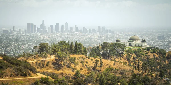 Krásné Panorama Hustých Budov Stromů Pod Zamlženým Nebem Los Angeles — Stock fotografie