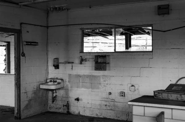 Greyscale Shot Bathroom Abandoned Building — Stockfoto