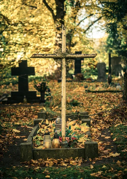 ポーランドのオポレ 2021年10月23日 ポーランドのオポレで秋に放棄された古いカトリック墓地の垂直ショット — ストック写真
